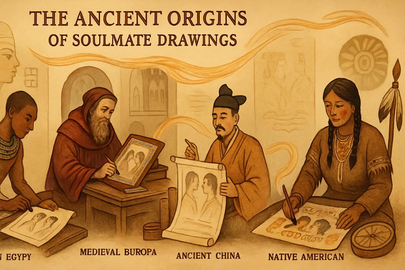 Historical timeline showcasing ancient origins of soulmate drawings across world cultures and civilizations