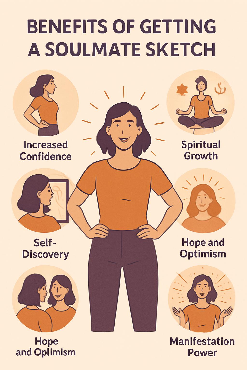 Illustration showing multiple benefits of getting a soulmate sketch including confidence, spiritual growth, and manifestation power