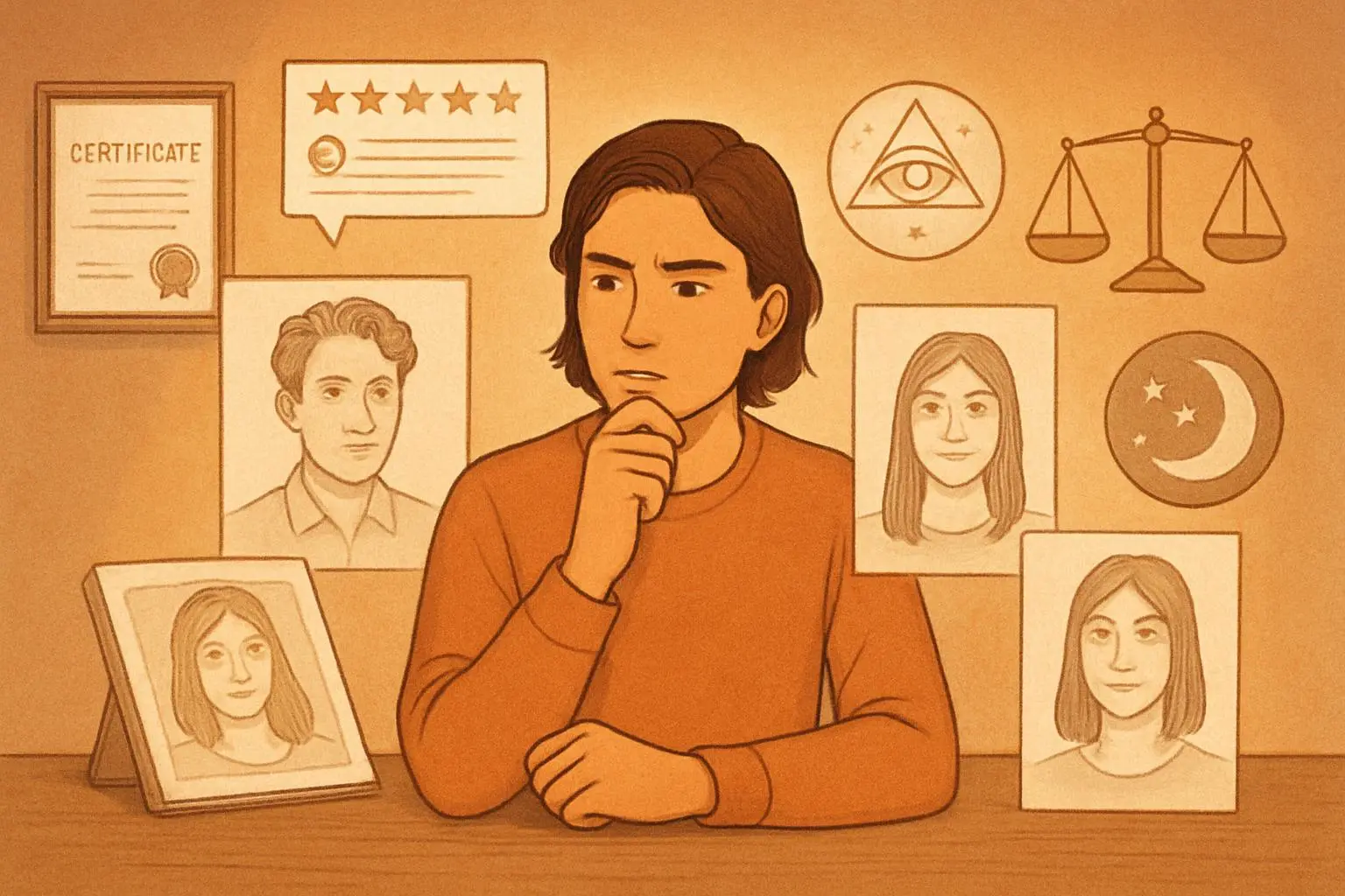 Person researching and comparing authentic psychic artists for reliable soulmate sketch services