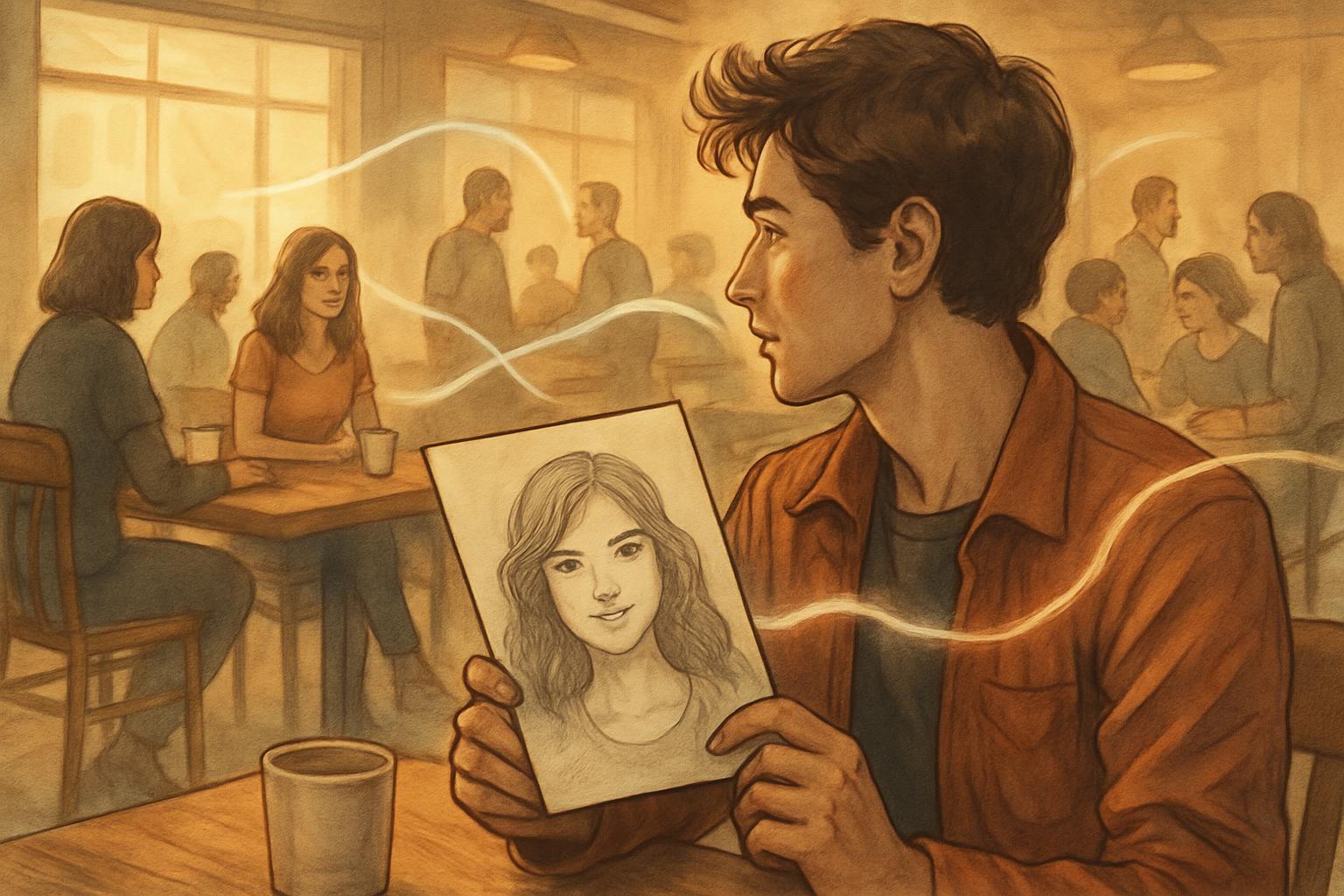 Person using their soulmate sketch as guidance while meeting people in a social setting