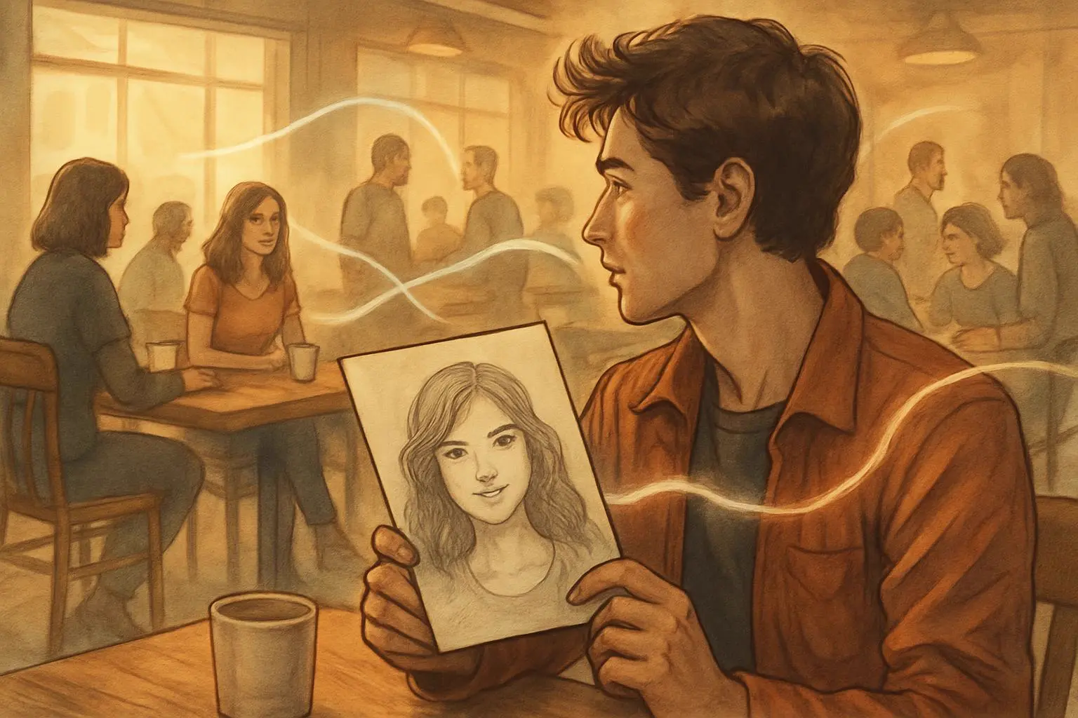 Person using soulmate sketch as spiritual guide while meeting potential romantic partners