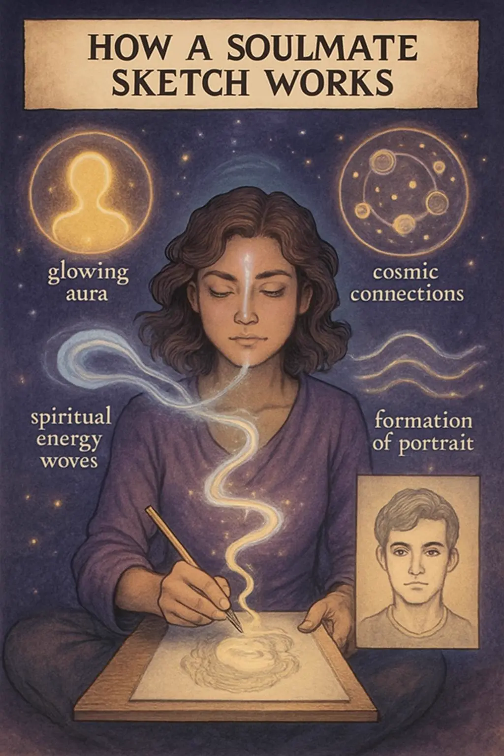 Psychic artist channeling spiritual energy to create accurate soulmate drawing visualization