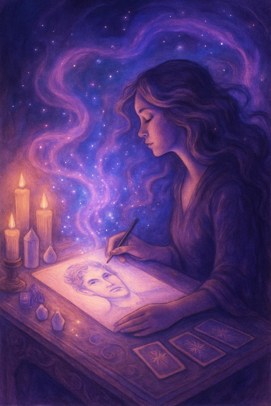 Psychic artist creating a soulmate sketch with mystical energy